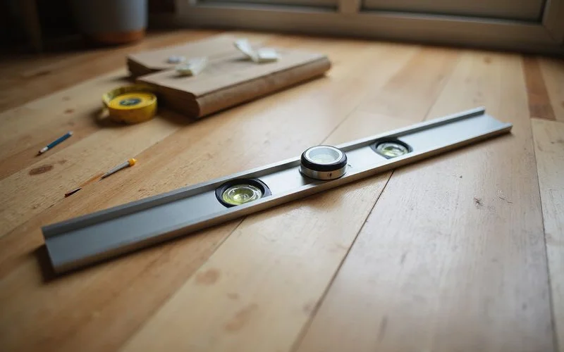 A long spirit level laid across a wooden floor showing a visible tilt in the bubble