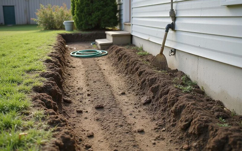 Backfilled and compacted ground beside a home foundation after tunnel work