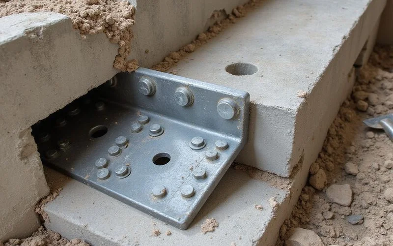 Bracket bolted beneath a grade beam transferring building load onto an installed pier