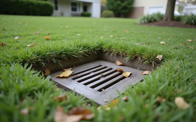 Catch basin grate and shallow surface swale directing runoff away from a residential foundation