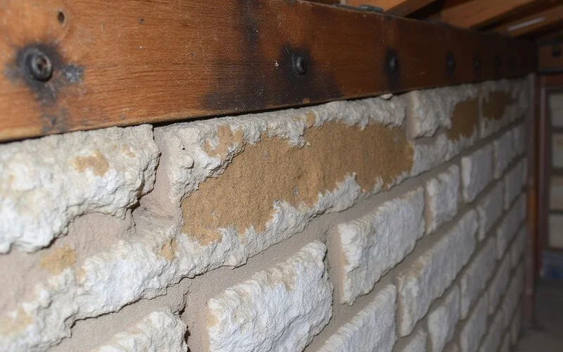 Close-up of a darkened timber sill plate where it meets masonry in a damp crawlspace