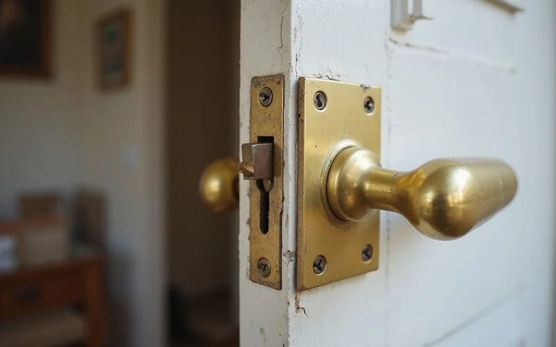 Close-up of a door latch and strike plate misaligned
