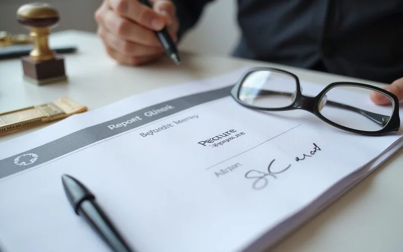 Close-up of a report cover page and signature block on a desk