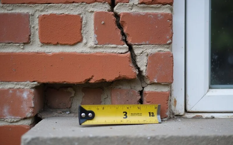 Stair-step mortar crack above a window in brick veneer with a tape measure held against it for scale