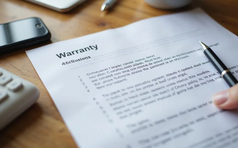 Close-up of a warranty exclusions page with several clauses visible