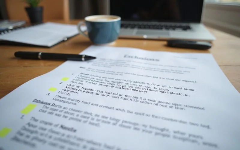 Close-up of a written scope document showing an exclusions section highlighted