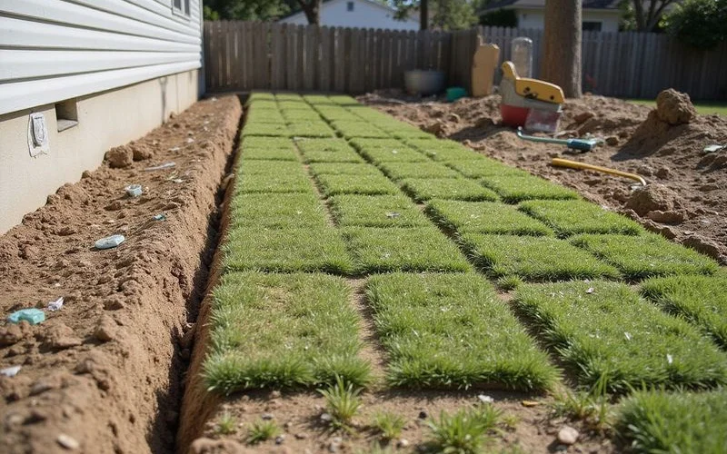 Completed backfill and reinstated turf along a foundation line at the end of a project