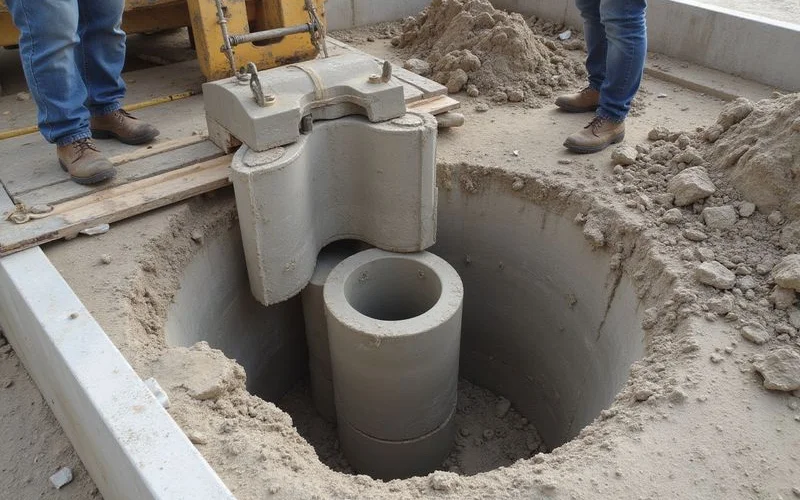 Concrete cylinders being pressed into the ground beside a slab grade beam