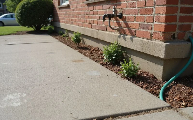 Concrete slab foundation edge visible at ground level beside a mid-century brick ranch home