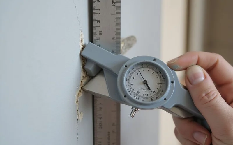 Crack gauge fixed across an interior wall crack with a ruler beside it