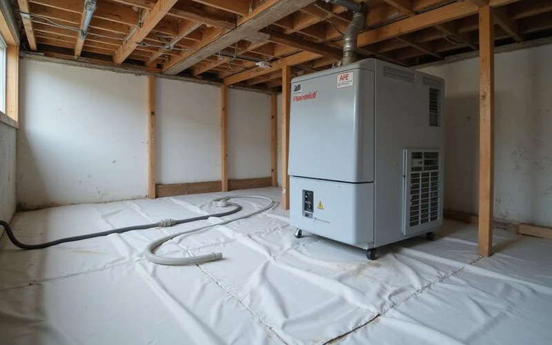 Crawlspace dehumidifier unit on a sealed liner with a condensate drain line