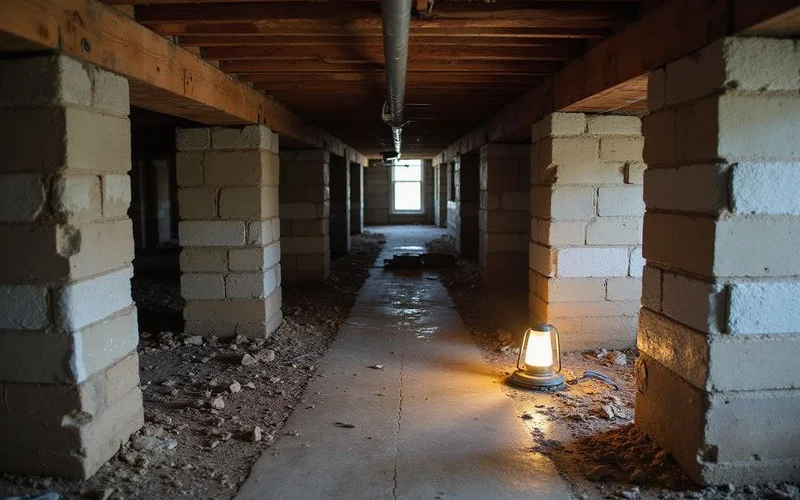 Damp crawlspace with timber supports and darkened ground beneath an older home