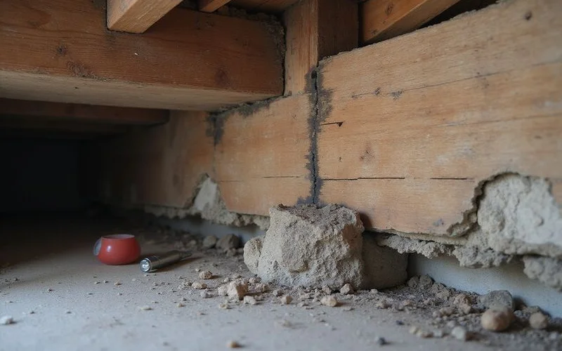 Decayed timber beam end where it meets a masonry pier support in a damp crawlspace