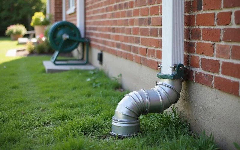 Downspout extension directing roof water several feet away from a brick foundation