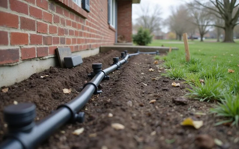 Drip line with emitters laid at an even distance from a brick foundation wall