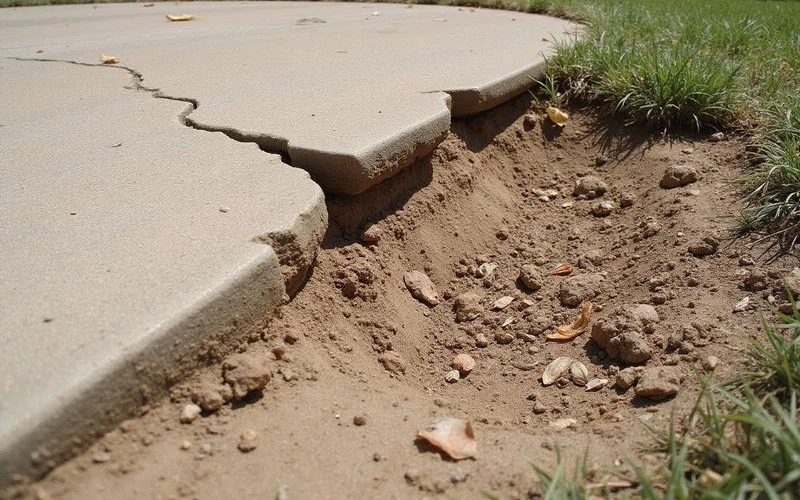 Dry cracked clay soil pulled away from the edge of a concrete slab foundation