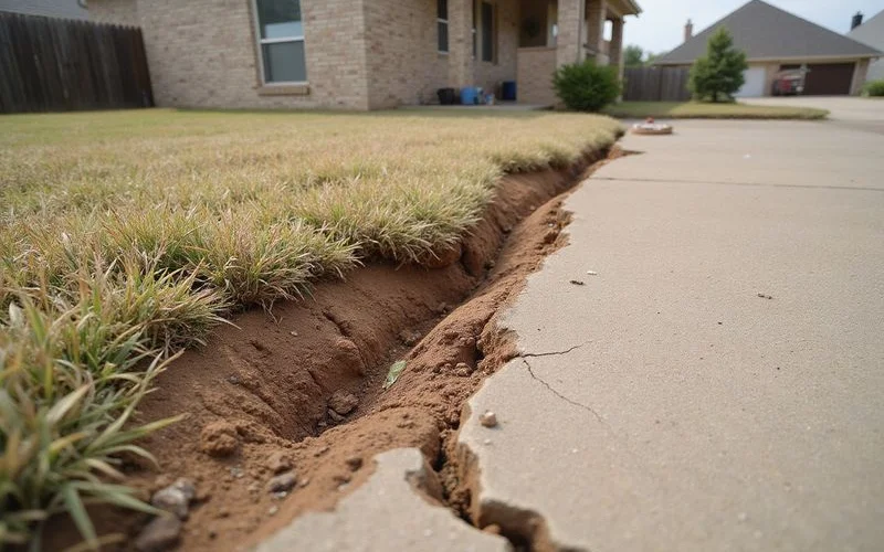 Dry cracked clay soil pulling away from the edge of a residential foundation