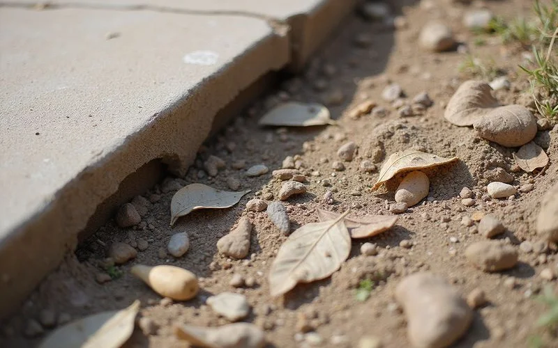 Dry shrunken clay soil pulled away from the perimeter edge of a slab foundation