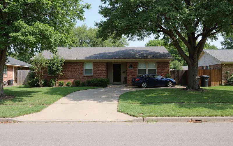 Established brick home on a gentle slope in a Fort Worth neighbourhood with mature trees