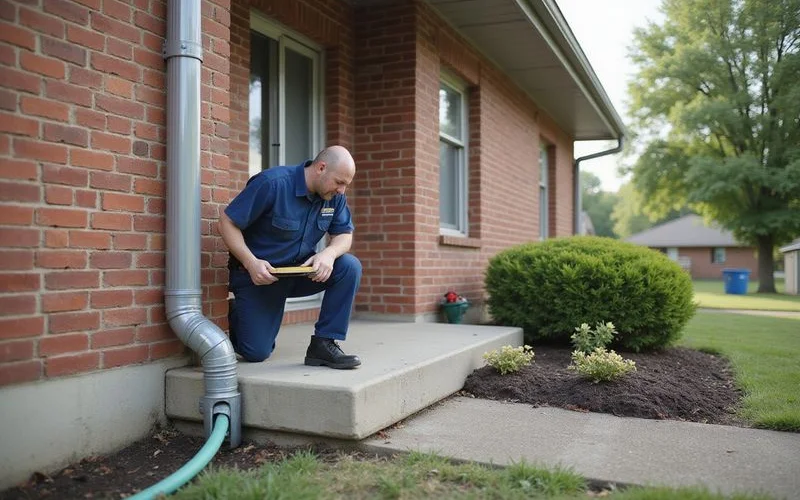 Evaluator walking the exterior of a brick home examining grade and downspout discharge