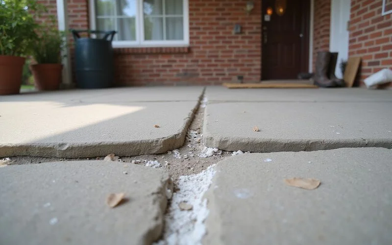 Exterior gap where a concrete porch slab has separated from the brick wall of a home