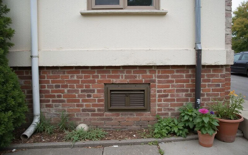 Exterior of an older home showing a raised pier-and-beam brick skirt with a crawlspace vent