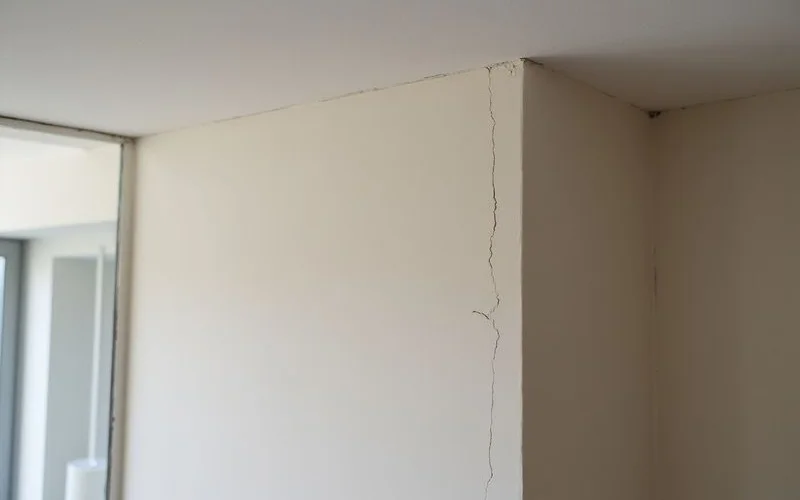 Fine hairline drywall crack running along a ceiling line in a painted room