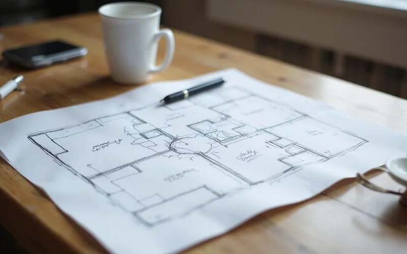 Hand-drawn floor plan sketch with notes about which rooms slope and in which direction