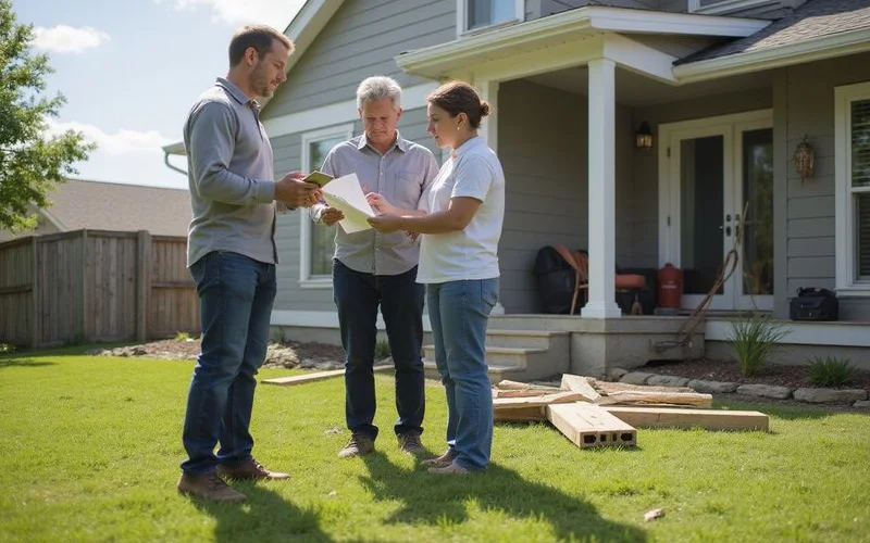 Homeowner and contractor reviewing repair options on a clipboard beside a house