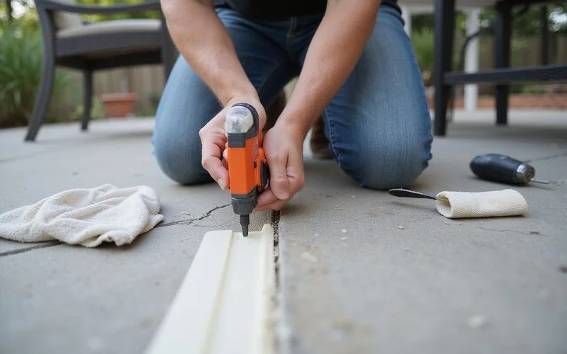 Homeowner applying a flexible sealant to a narrow crack in a concrete patio surface