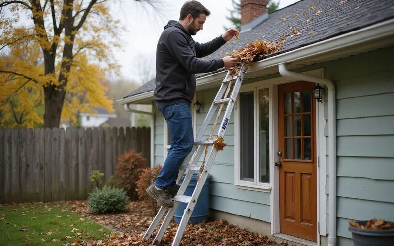 Homeowner clearing leaves from a gutter with a ladder against a single-storey roof edge