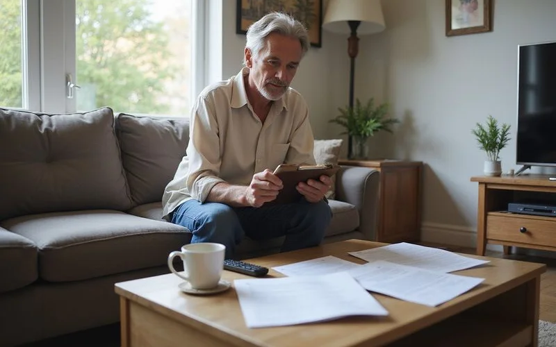 Homeowner comparing two printed proposals on a clipboard in a living room