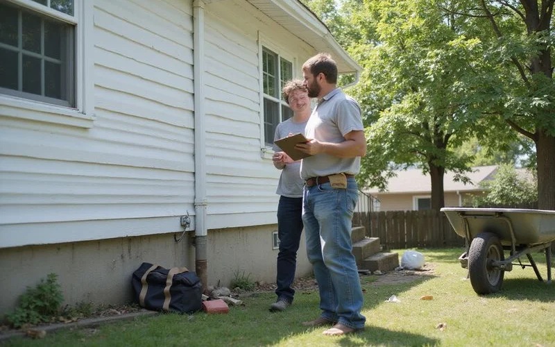 Homeowner discussing repair options with a worker beside a house