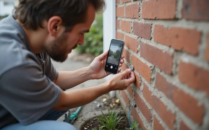 Homeowner photographing a mortar crack with a coin held against the brick for scale