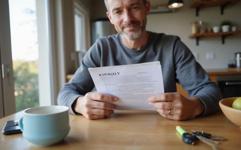 Homeowner reading a warranty booklet at a kitchen table with a highlighter
