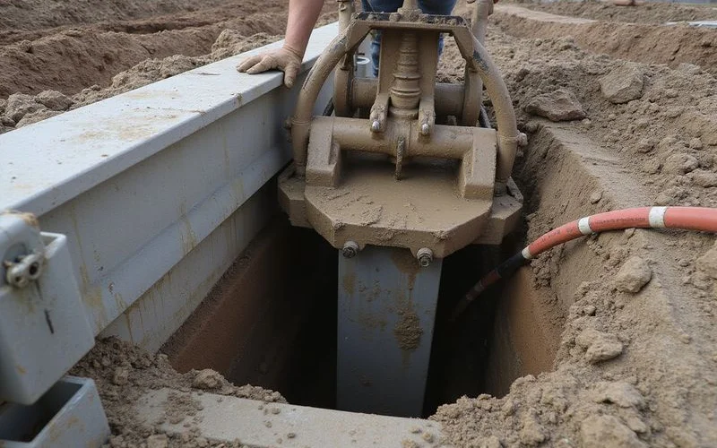 Hydraulic ram driving a steel pier section into the ground beside a grade beam