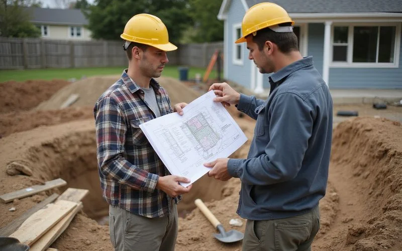 Inspector and contractor reviewing a site plan beside an open foundation excavation