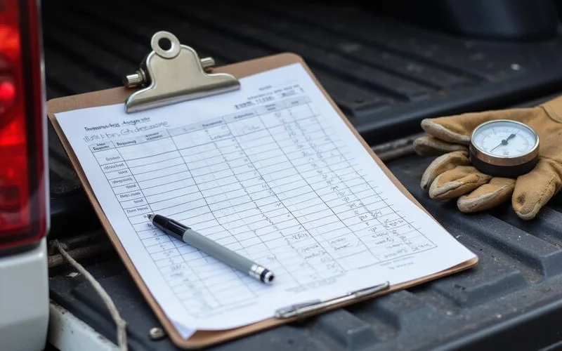Installation record sheet showing pier depths and pressures on a clipboard