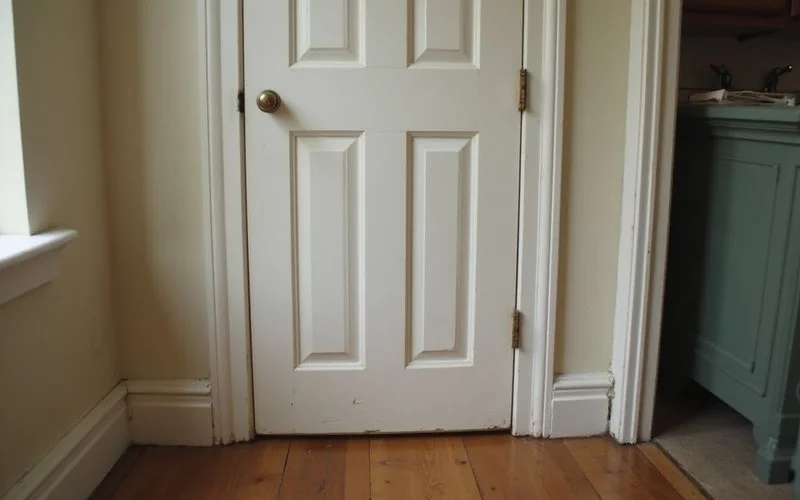Interior door of a historic bungalow that no longer closes squarely against its frame