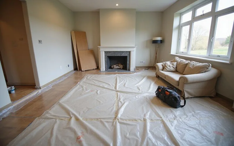 Interior floor protected with sheeting and boards during a house leveling project