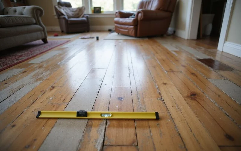 Interior hardwood floor of an older home after leveling work with a level laid across the boards