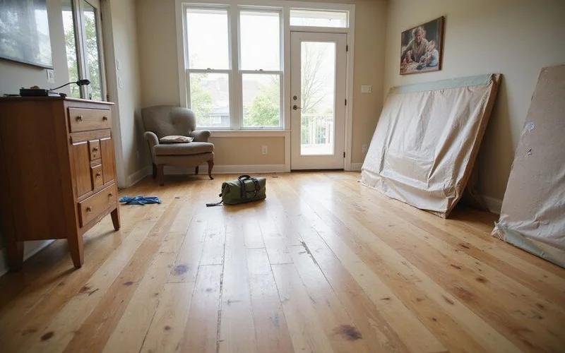 Interior hardwood floor protected with boards and sheeting during foundation work
