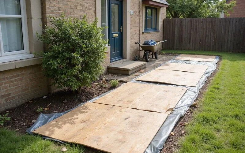 Landscaping and flowerbeds protected with boards during a residential foundation project