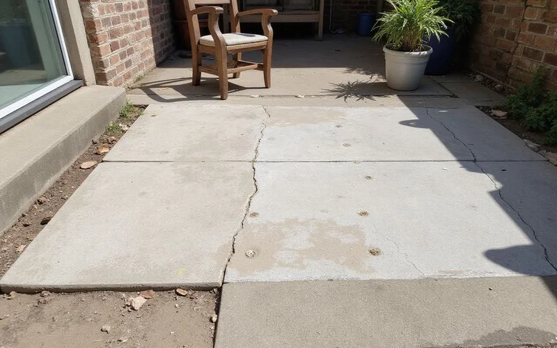 Level concrete patio slab after foam leveling with the joint flush against the adjoining panel