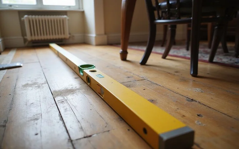 Level laid across the hardwood floor of an older home showing a dip along one line