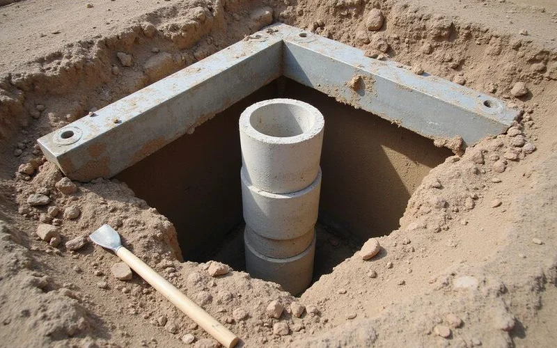 Open excavation showing a completed concrete pier column and the bracket seat above it
