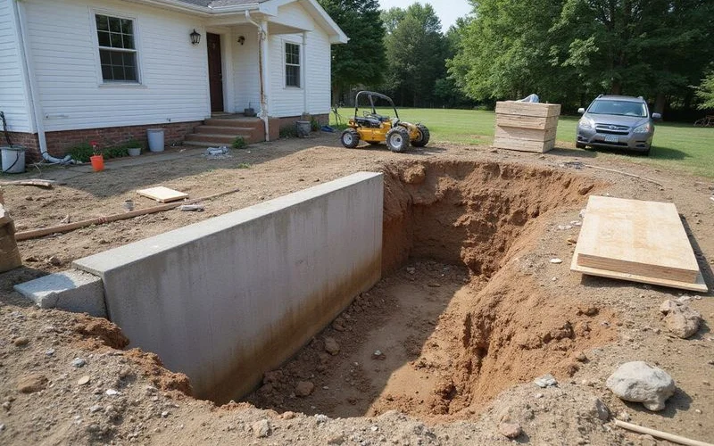 Open pier excavation along a slab grade beam with equipment ready for underpinning