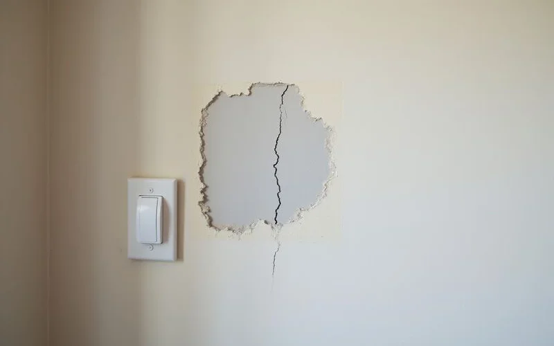 Patched and repainted wall section where a crack has reopened through the filler
