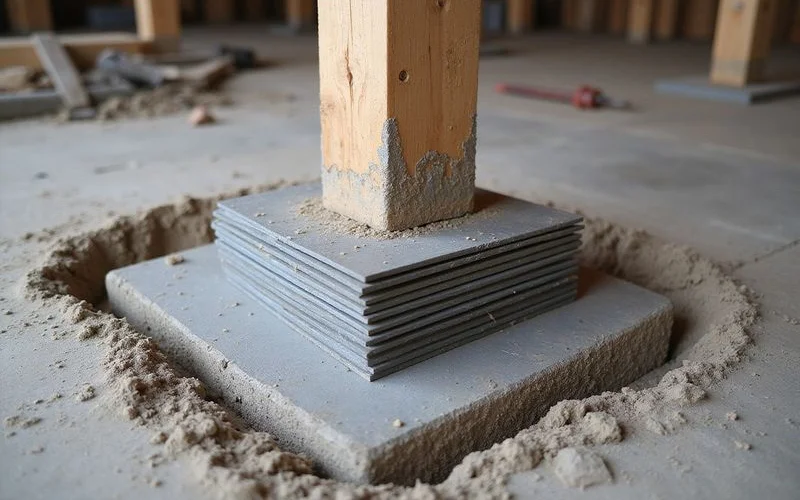 Permanent steel shims seated on a concrete pad beneath a support post