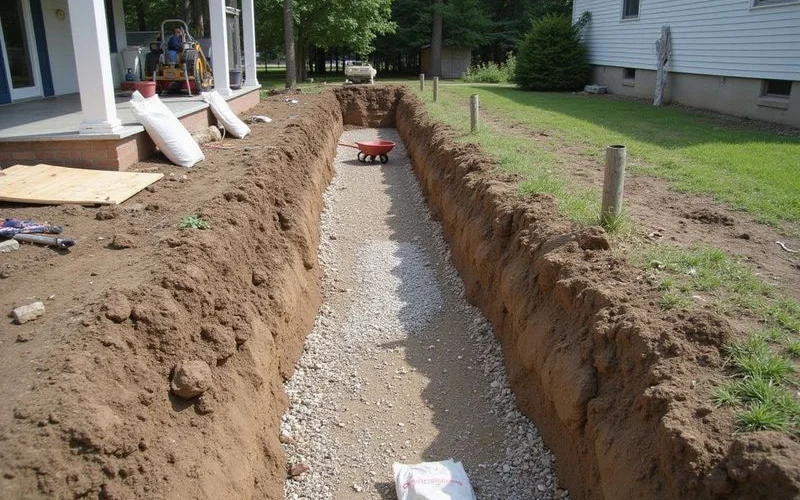 Pier excavation and drainage trench being worked on together along the same foundation line